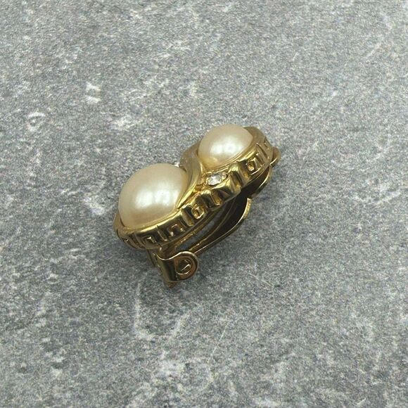 Givenchy Gold Plated Pearl Embellished Clip On Earrings With Rhinestones - Picture 7 of 11